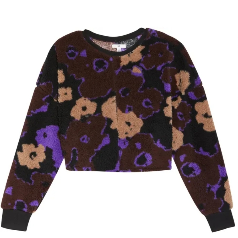 Plus Size BP High Pile Fleece Sweatshirt in Black-Brown-Purple Pressed Floral - Picture 9 of 10